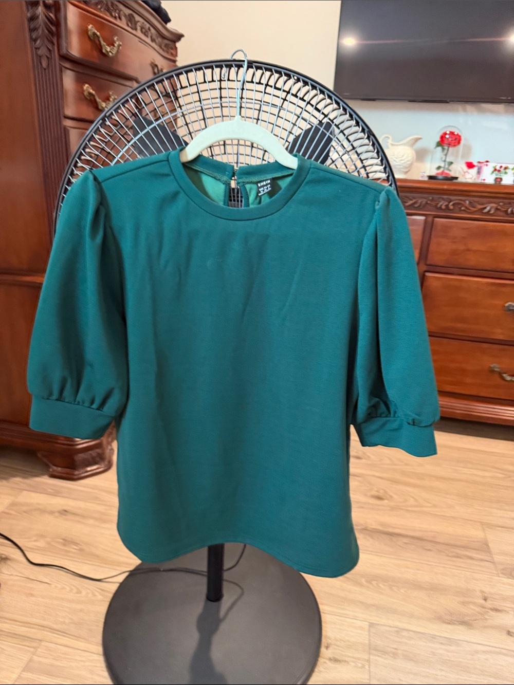 SHEIN Deep Teal Puff-Sleeve Crewneck Blouse